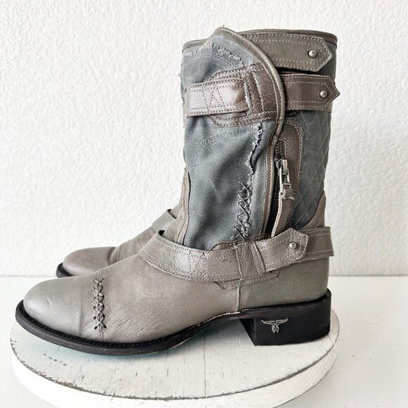 NEW Lane Boots Womens Gray Leather Canvas Mid-Calf Western Moto Style Zip Size 9 - Picture 4 of 12